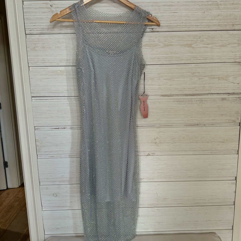 Iridescent silver mesh/rhinestone midi dress.